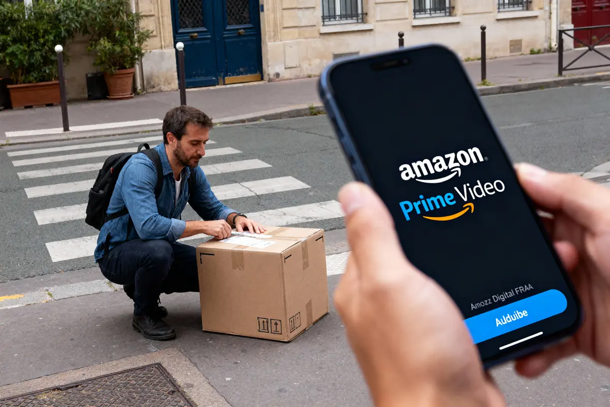 pexels-michal-pech-213601-757318 (1) Homme ouvre un colis sur trottoir. Appareil avec écran Amazon Prime Video en premier plan. Rue urbaine.