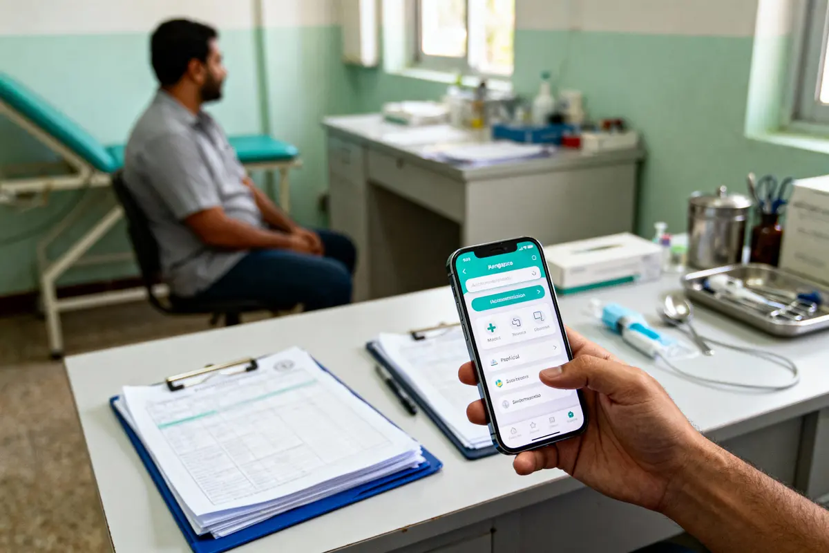 pexels-michal-pech-213601-757318 (1) Personne utilisant une application médicale sur smartphone dans un cabinet médical, avec patient assis à l'arrière-plan.