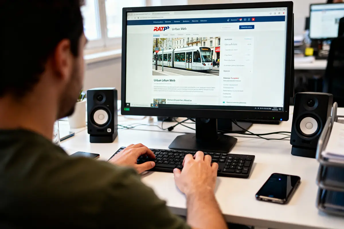 pexels-michal-pech-213601-757318 (1) Homme travaillant devant ordinateur affichant site RATP, dans un bureau. Haut-parleurs, smartphone et dossiers visibles.