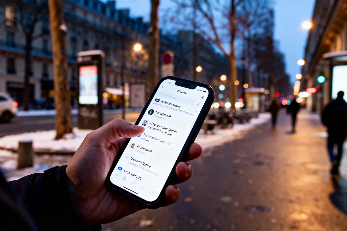 pexels-michal-pech-213601-757318 (1) Main tenant un smartphone avec messagerie ouverte, rue enneigée en arrière-plan. Scène de nuit, éclairage urbain.