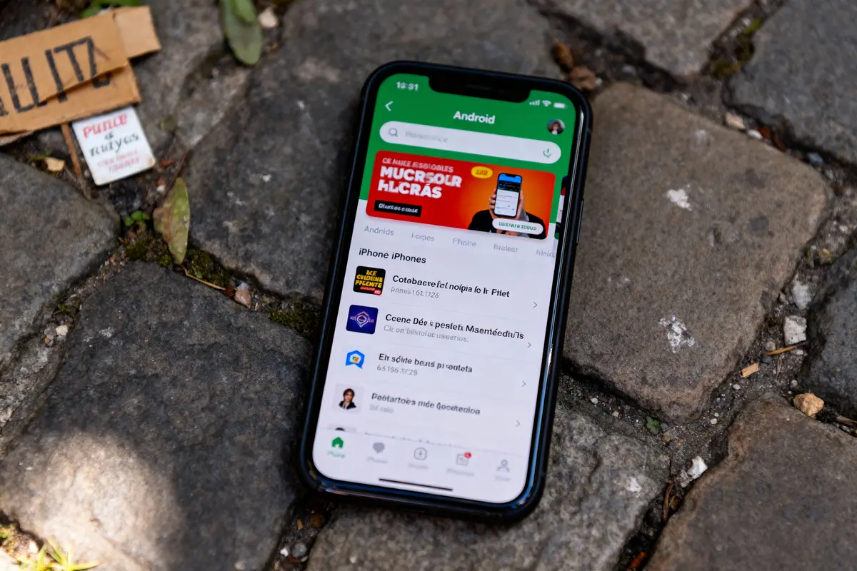pexels-michal-pech-213601-757318 (1) Smartphone noir affichant une application avec texte illisible, posé sur des pavés avec des brindilles et du carton.