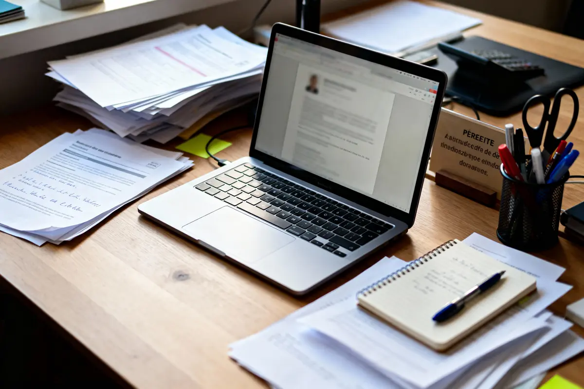 pexels-michal-pech-213601-757318 (1) Bureau avec ordinateur portable, piles de documents, cahier, stylos, et étiquette. Espace de travail organisé.