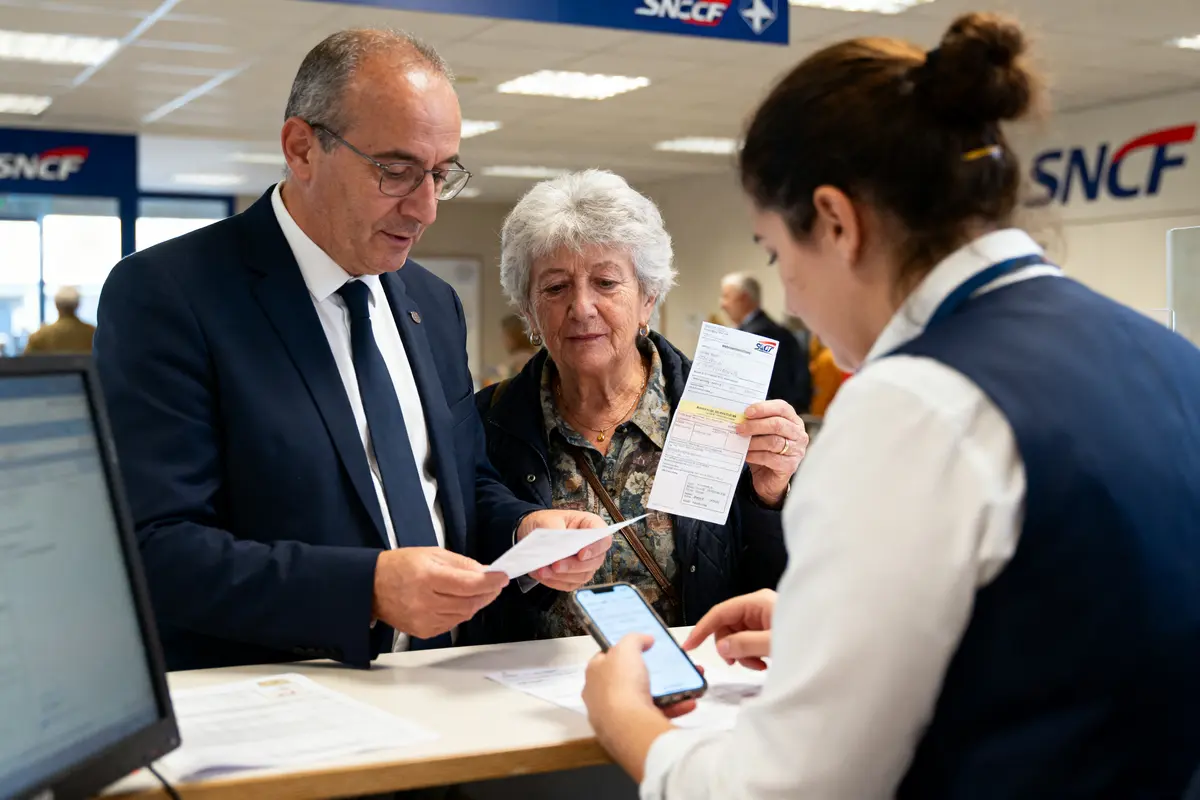 Trois personnes à une agence SNCF, examinant des documents et utilisant un téléphone portable.