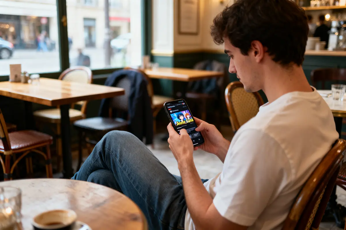 pexels-michal-pech-213601-757318 (1) Un homme assis dans un café, regardant son téléphone, intérieur lumineux avec tables en bois.