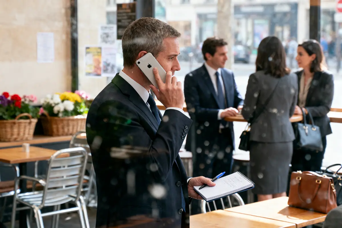 pexels-michal-pech-213601-757318 (1) Homme en costume parlant au téléphone, tenant un carnet, devant un café avec groupe discutant à l'arrière-plan.