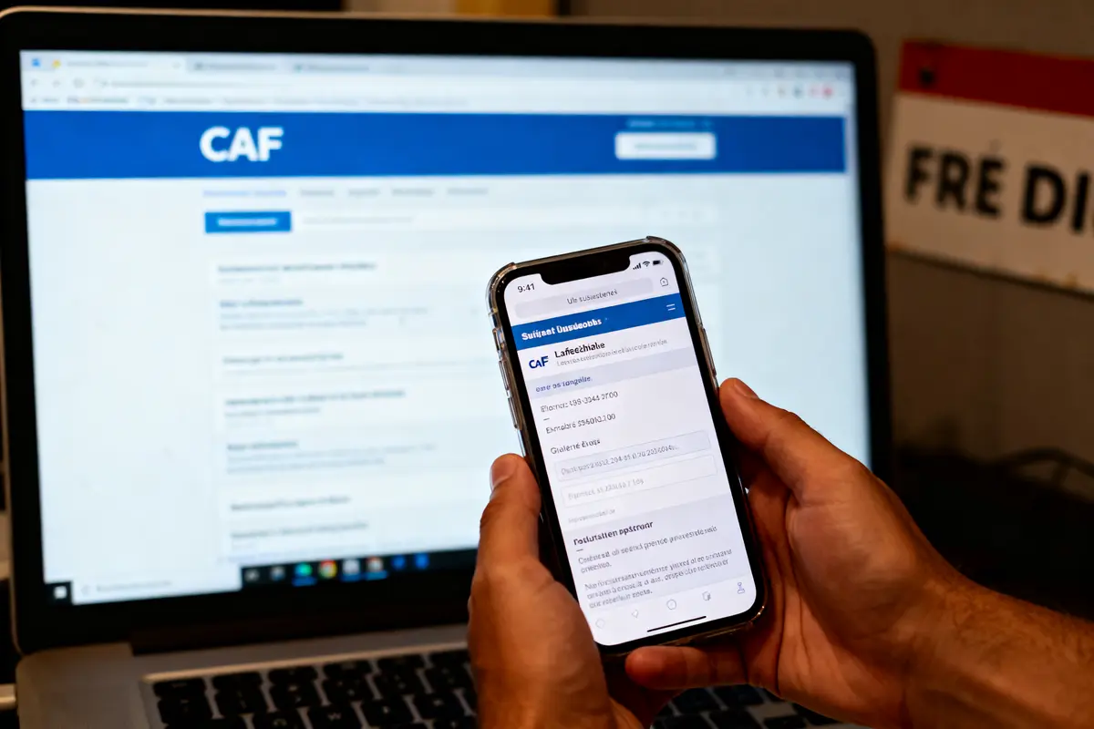 Smartphone affichant site CAF, devant ordinateur portable avec même site, écran bleu et blanc. Mains tenant téléphone.