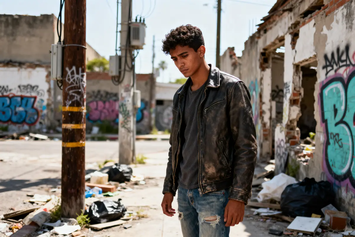 pexels-michal-pech-213601-757318 (1) Jeune homme en blouson noir, dans une rue délabrée avec graffitis et détritus autour. Atmosphère urbaine désolée.