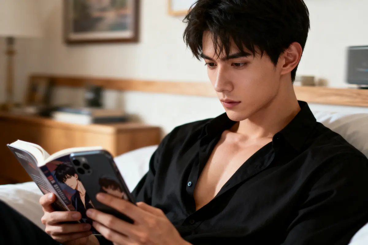 pexels-michal-pech-213601-757318 (1) Un homme lit un livre manga, assis sur un lit. Il est concentré et porte une chemise noire.