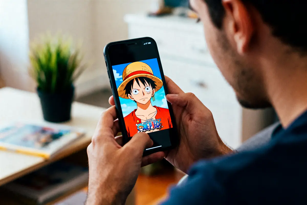 pexels-michal-pech-213601-757318 (1) Personne tenant un smartphone affichant un personnage animé en chapeau de paille, fond intérieur flou, plante.