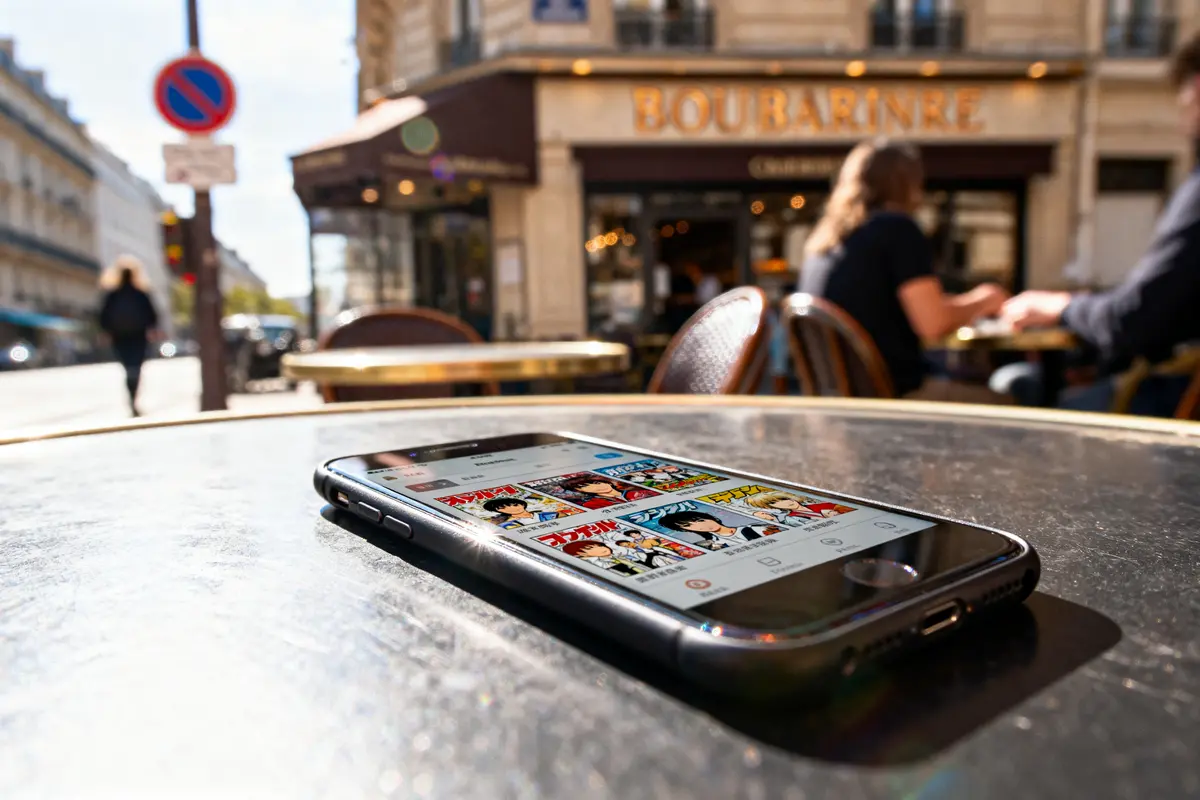 pexels-michal-pech-213601-757318 (1) Smartphone affichant des mangas sur une terrasse de café parisien ensoleillé, avec des passants flous en arrière-plan.