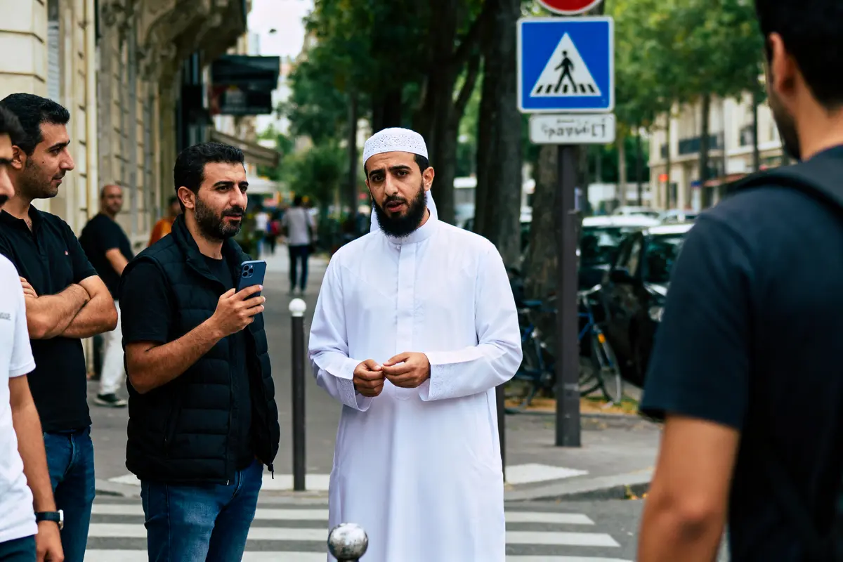 pexels-michal-pech-213601-757318 (1) Des hommes discutent dans la rue, l'un en tenue traditionnelle blanche, un autre tient un smartphone.