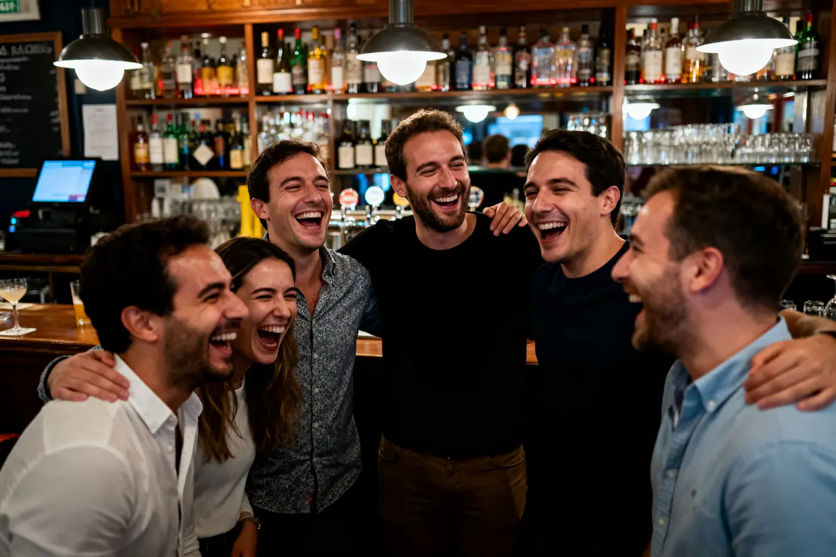 pexels-michal-pech-213601-757318 (1) Six personnes adultes riant ensemble dans un bar, entourées de bouteilles et de lumières pendantes.
