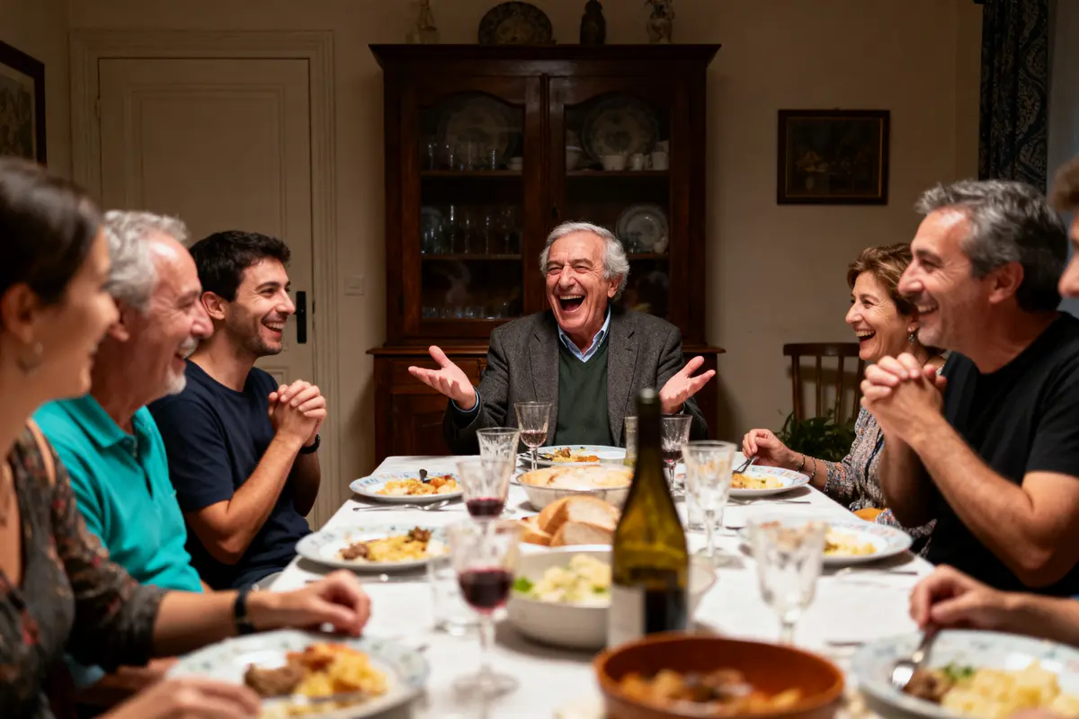 pexels-michal-pech-213601-757318 (1) Personnes souriantes autour d'une table à dîner, ambiance conviviale et chaleureuse, nourriture et vin sur la table.
