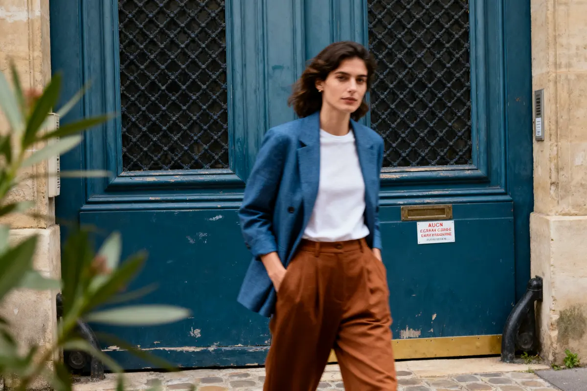 pexels-michal-pech-213601-757318 (1) Femme marchant devant une porte bleue, portant veste bleue, t-shirt blanc, pantalon marron. Feuilles floues au premier plan.