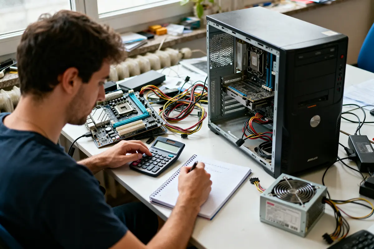 pexels-michal-pech-213601-757318 (1) Homme réparant ordinateur, utilisant calculatrice et carnet, composants électroniques visibles sur le bureau.