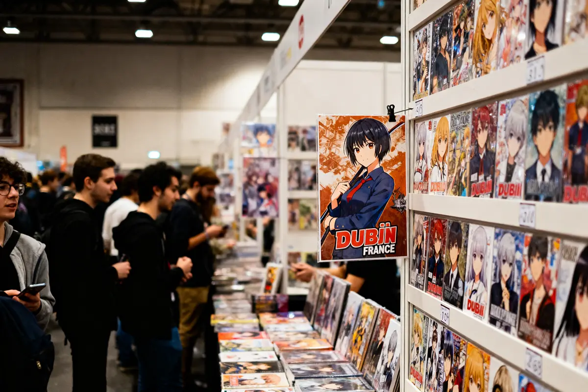 pexels-michal-pech-213601-757318 (1) Stand de manga dans une convention, affiches et mangas exposés, visiteurs observant les produits.