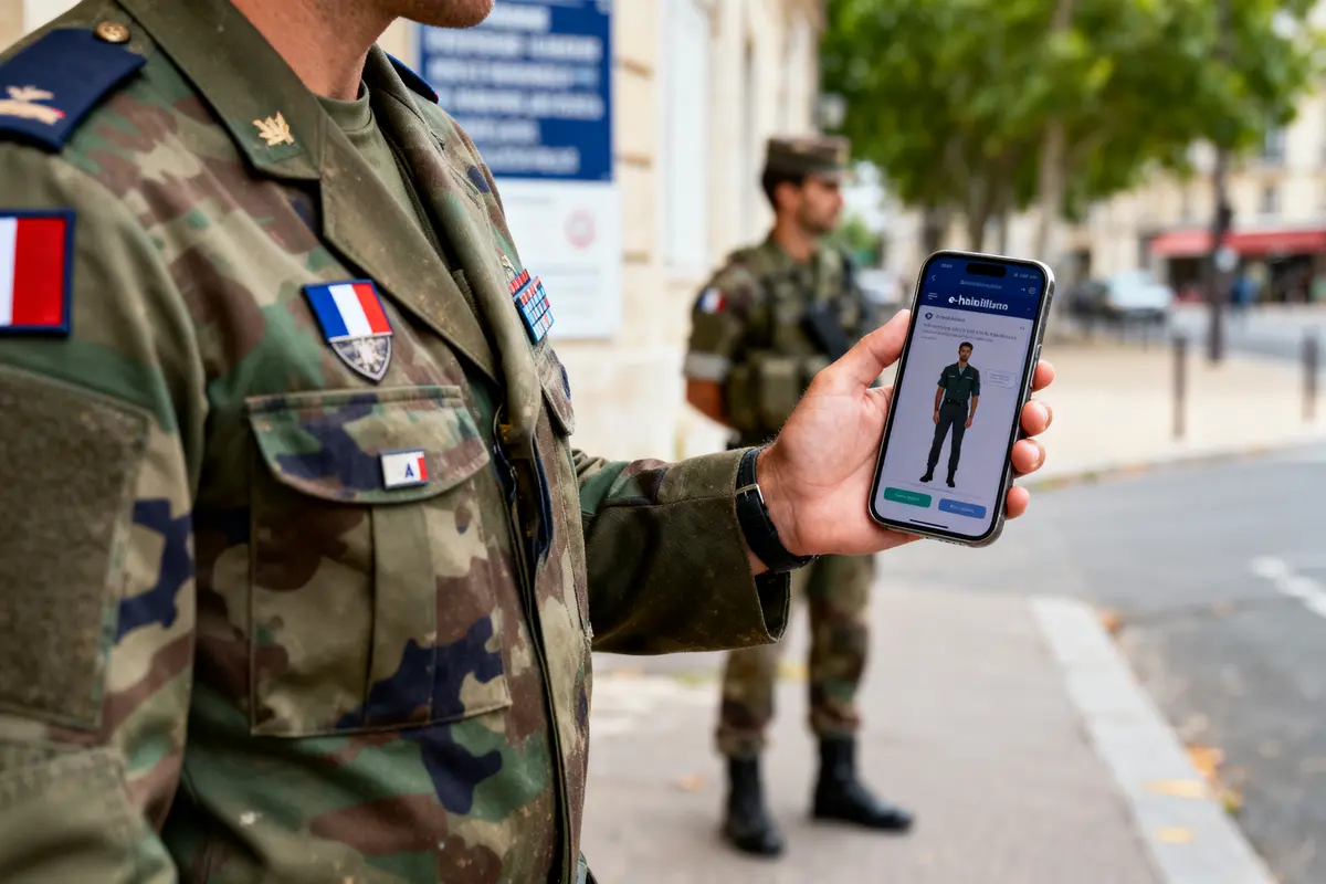 pexels-michal-pech-213601-757318 (1) Un militaire en uniforme consulte une application sur son smartphone dans la rue.