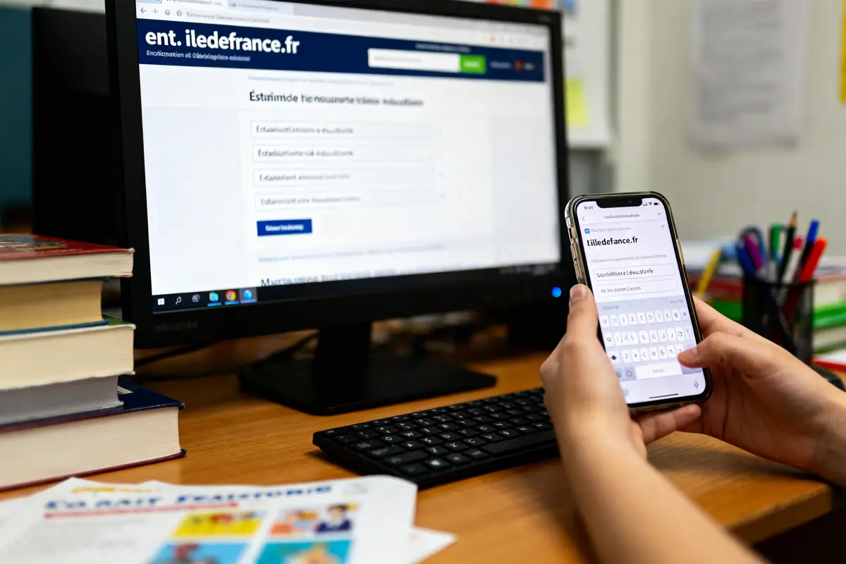 pexels-michal-pech-213601-757318 (1) Personne utilisant ordinateur et téléphone pour accéder au site web ent.iledefrance.fr, livres et stylos visibles.