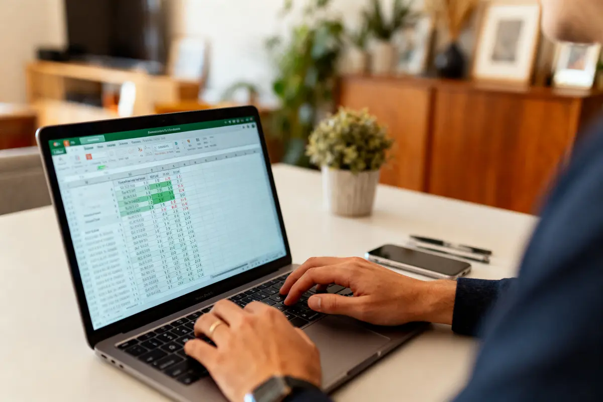 pexels-michal-pech-213601-757318 (1) Personne utilisant un ordinateur portable avec une feuille de calcul Excel à l'écran, bureau avec plantes et smartphone.