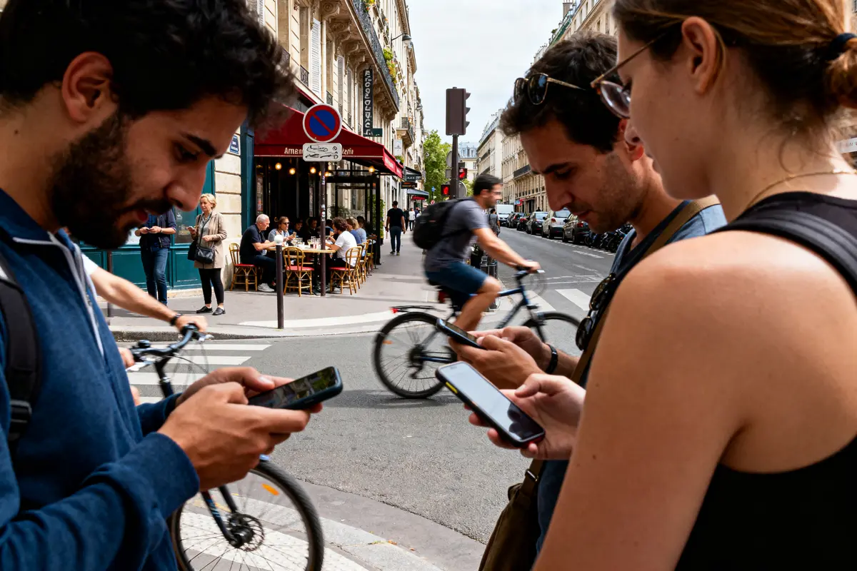 pexels-michal-pech-213601-757318 (1) Trois personnes regardant leurs téléphones, cyclistes, et terrasse de café en arrière-plan dans une rue animée.