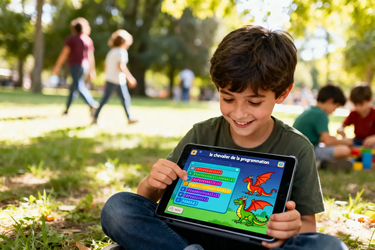 pexels-michal-pech-213601-757318 (1) Jeune garçon souriant assis dans un parc, utilise une tablette avec un jeu de programmation de dragons.