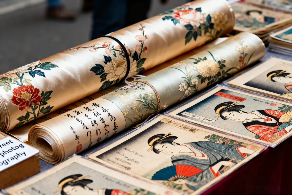 pexels-michal-pech-213601-757318 (1) Rouleaux de soie décorés de fleurs et caractères, estampes Geisha colorées exposées sur table.