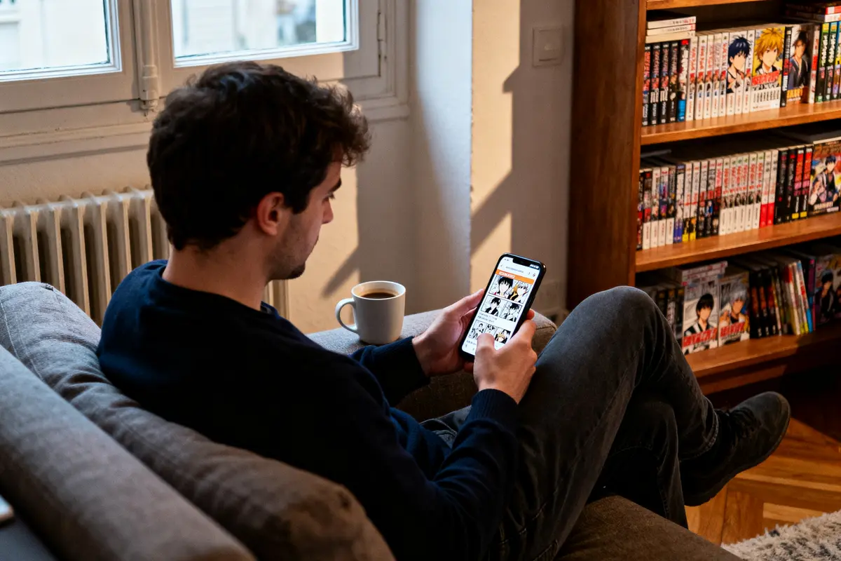 Un homme lit un manga sur son smartphone, assis sur un canapé, avec une tasse de café.