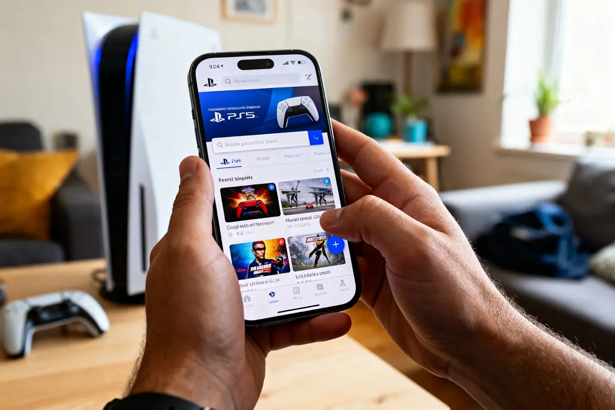 pexels-michal-pech-213601-757318 (1) Personne utilisant smartphone pour consulter des jeux PS5, console visible en arrière-plan dans salon.