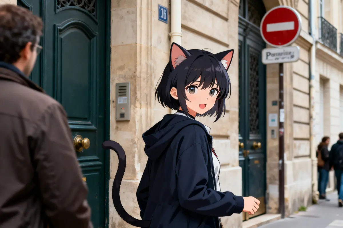 Jeune fille animée avec oreilles et queue de chat, marchant dans une rue, devant une porte verte.