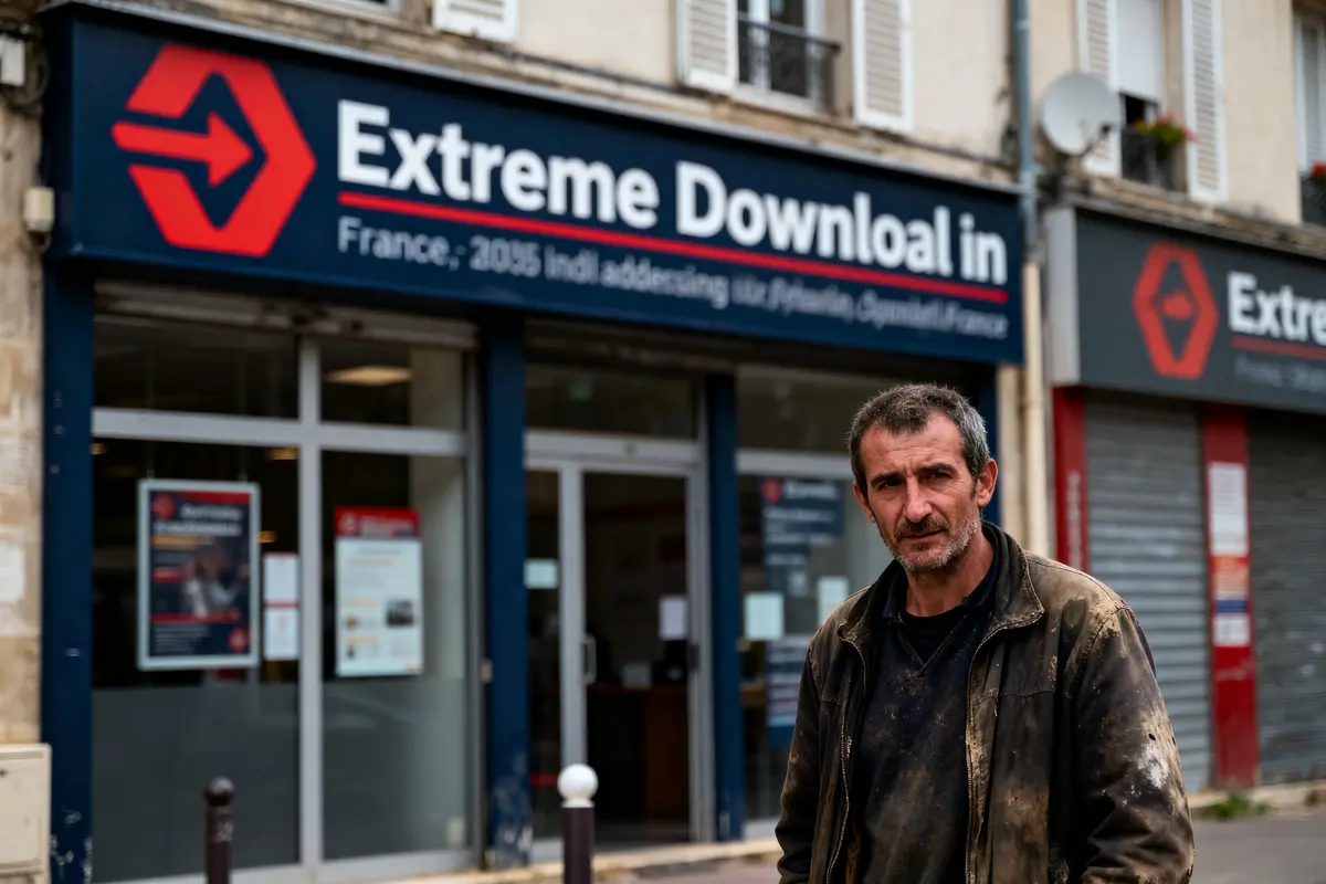 Homme devant magasin "Extreme Download", façade bleue avec logo rouge. Lieu urbain, vitrine et affiches visibles.