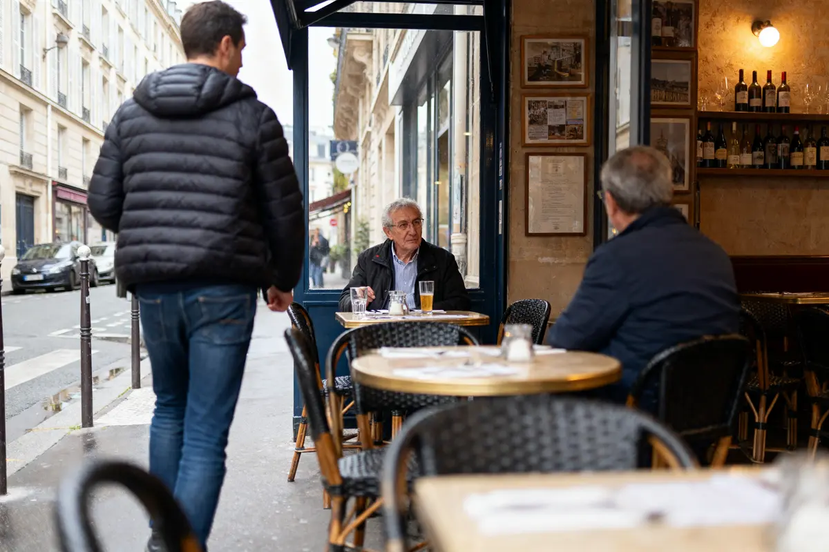 pexels-michal-pech-213601-757318 (1) Homme marchant vers terrasse de café à Paris, discussions, ambiance conviviale.