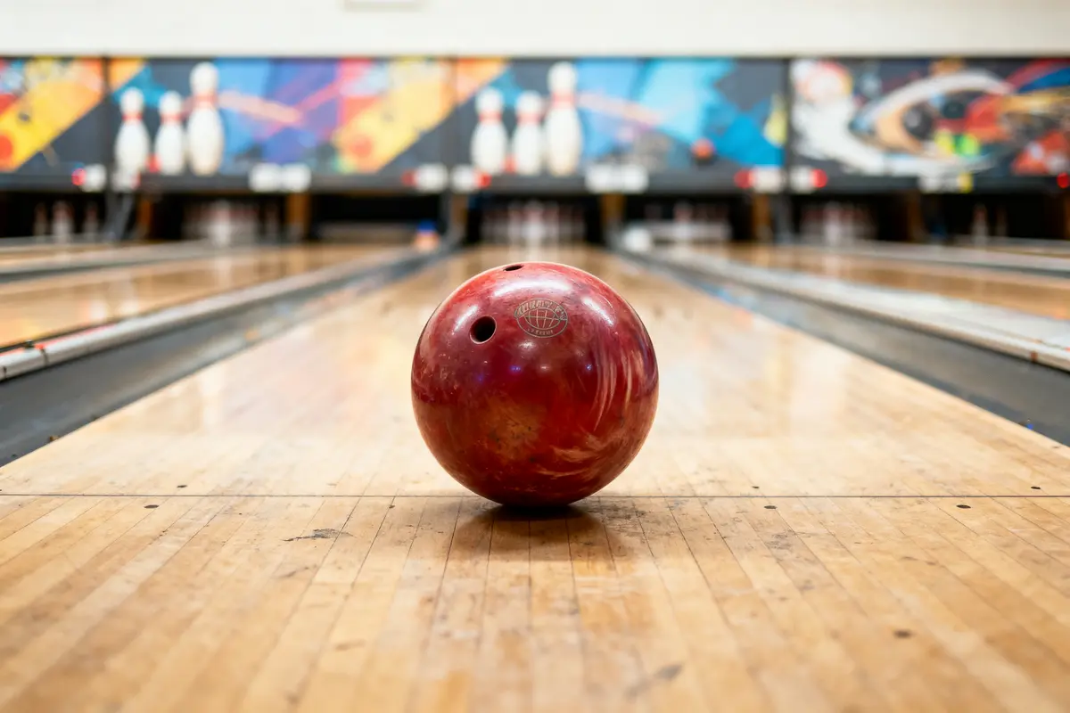 pexels-michal-pech-213601-757318 (1) Boule de bowling rouge sur une piste en bois, quilles en fond flou.