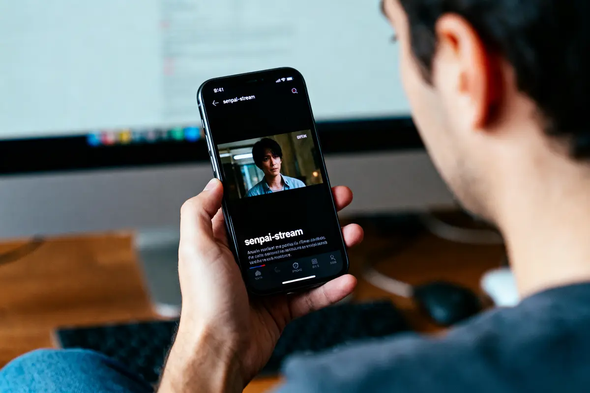 pexels-michal-pech-213601-757318 (1) Homme utilisant un smartphone pour regarder une vidéo, avec un ordinateur en arrière-plan, bureau encombré.