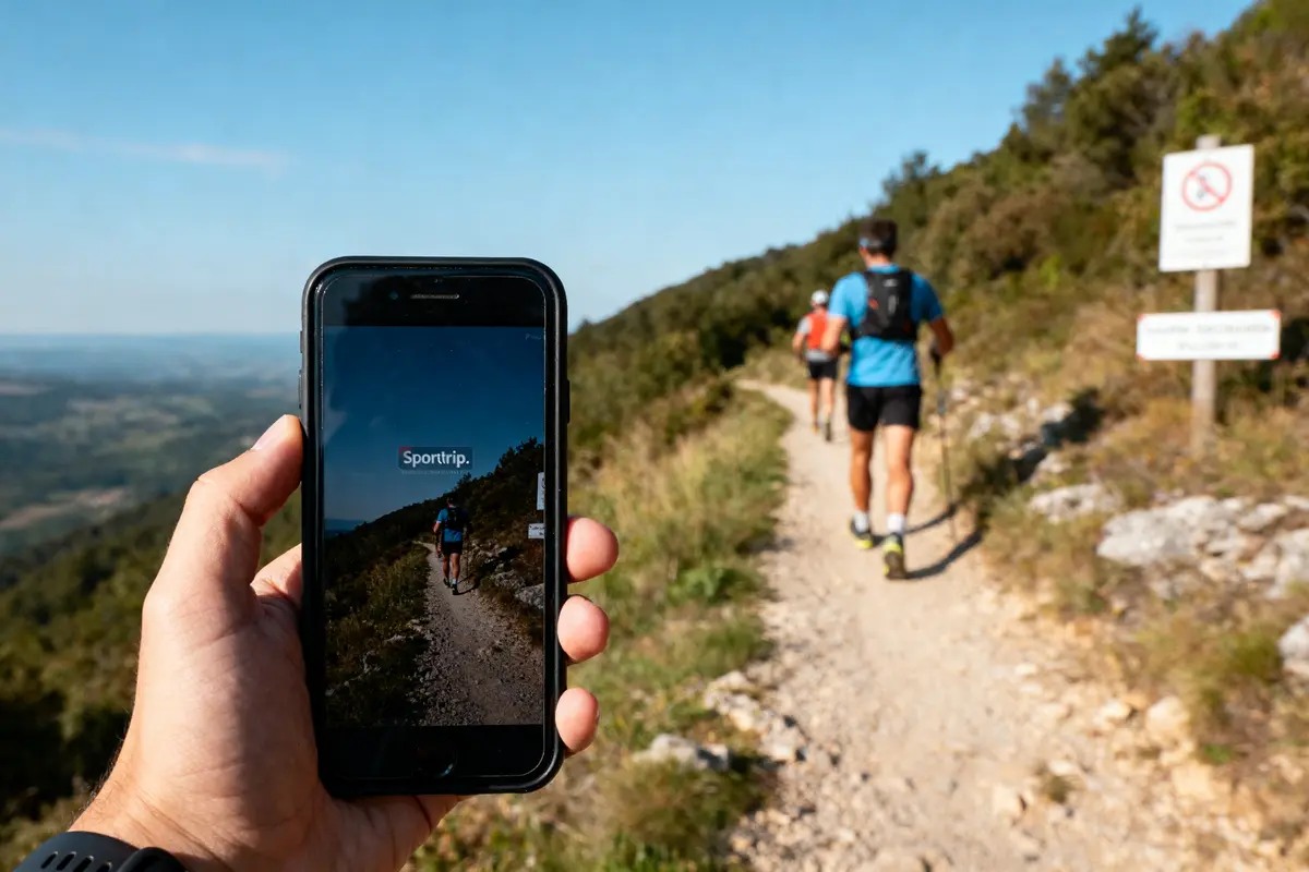 pexels-michal-pech-213601-757318 (1) Personnes faisant de la randonnée sur un sentier, un téléphone en main affichant "Sporttrip", un panneau en arrière-plan.