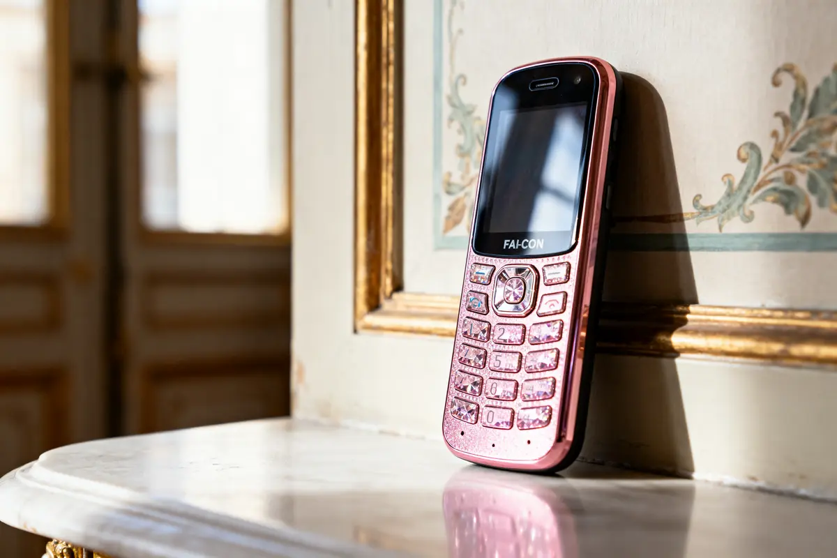 pexels-michal-pech-213601-757318 (1) Téléphone mobile rose brillant, incliné contre un mur orné, éclairé par la lumière naturelle.