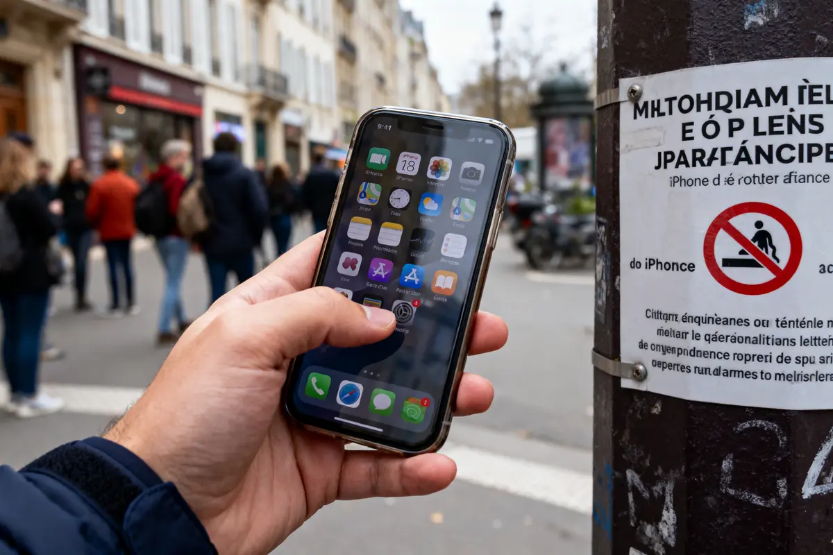 pexels-michal-pech-213601-757318 (1) Une main tenant un smartphone dans une rue, panneau interdit apposé sur un poteau à proximité.