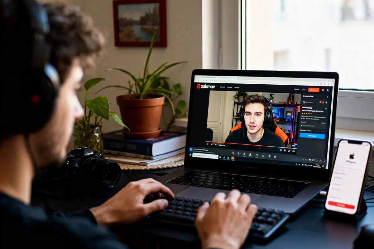 pexels-michal-pech-213601-757318 (1) Personne regardant une vidéo sur un ordinateur portable, casque sur la tête, téléphone et plante à côté.