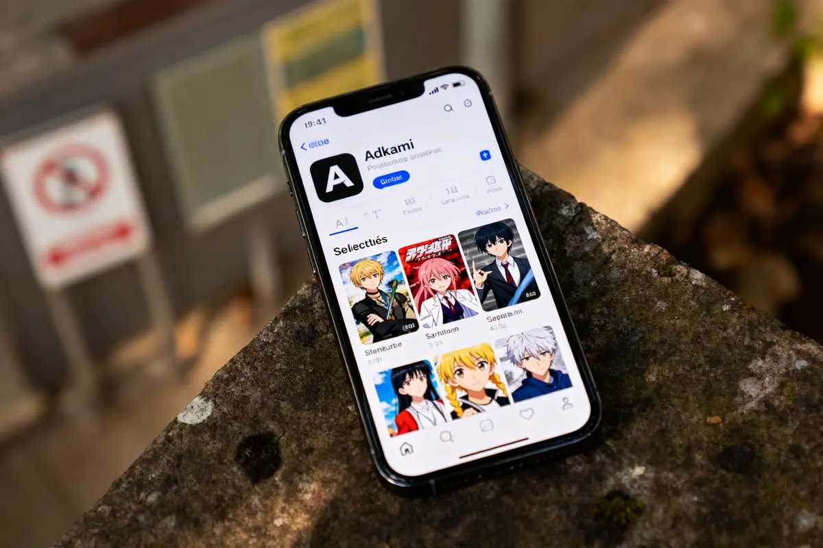 pexels-michal-pech-213601-757318 (1) Smartphone affichant une application de mangas avec plusieurs vignettes colorées sur écran, posé sur une surface extérieure.
