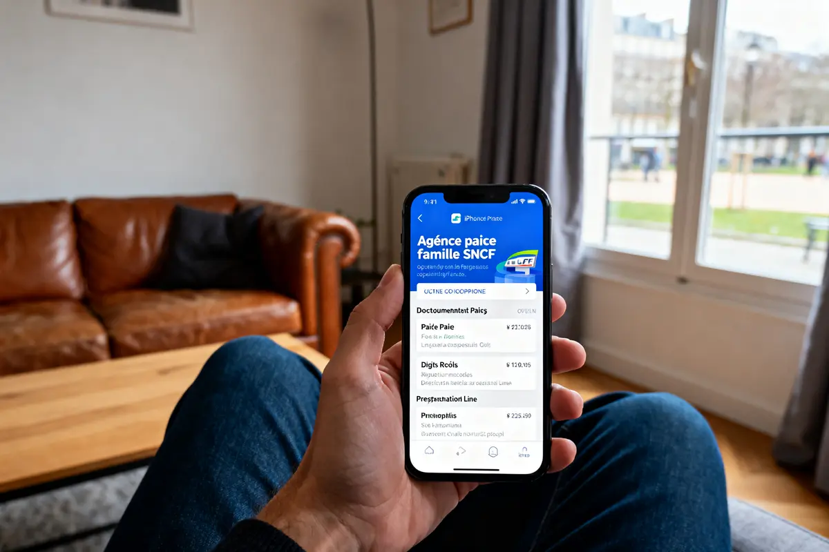 Une main tient un smartphone affichant l'application "Agence paie famille SNCF" dans un salon.