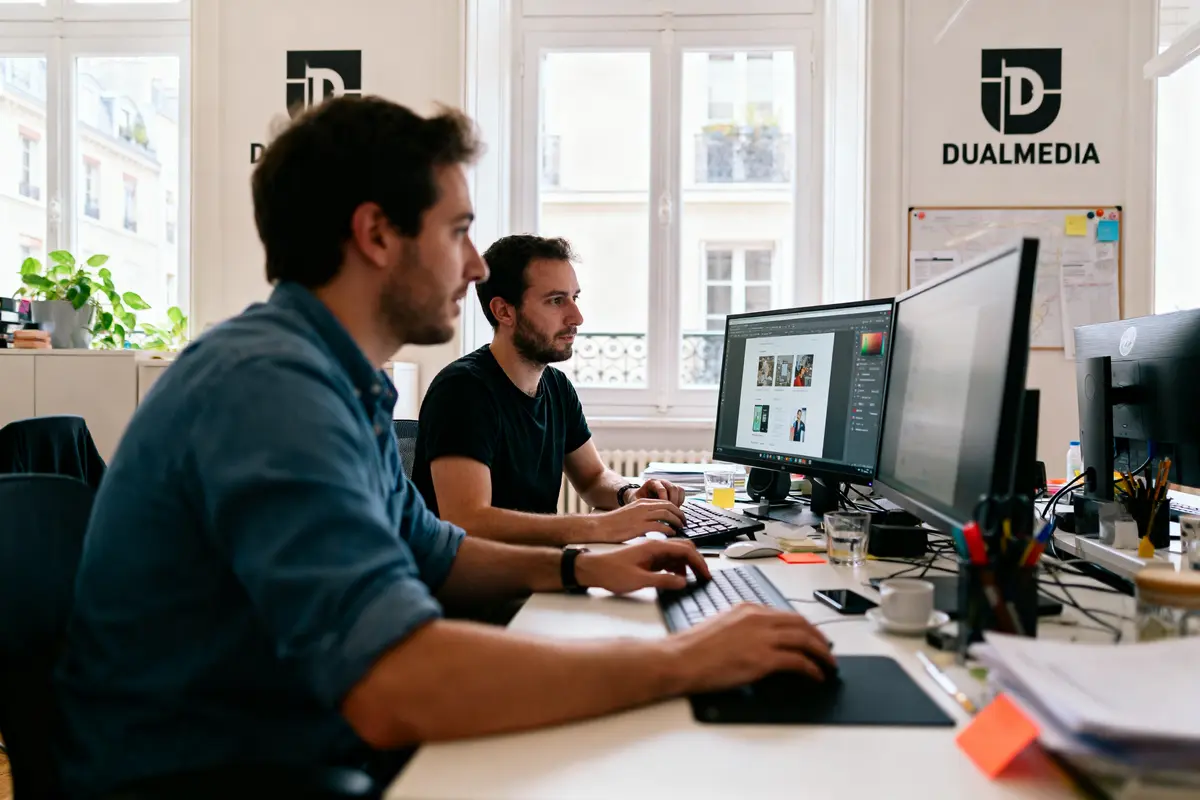 Deux hommes travaillent sur ordinateurs dans un bureau lumineux, entreprise Dualmedia.