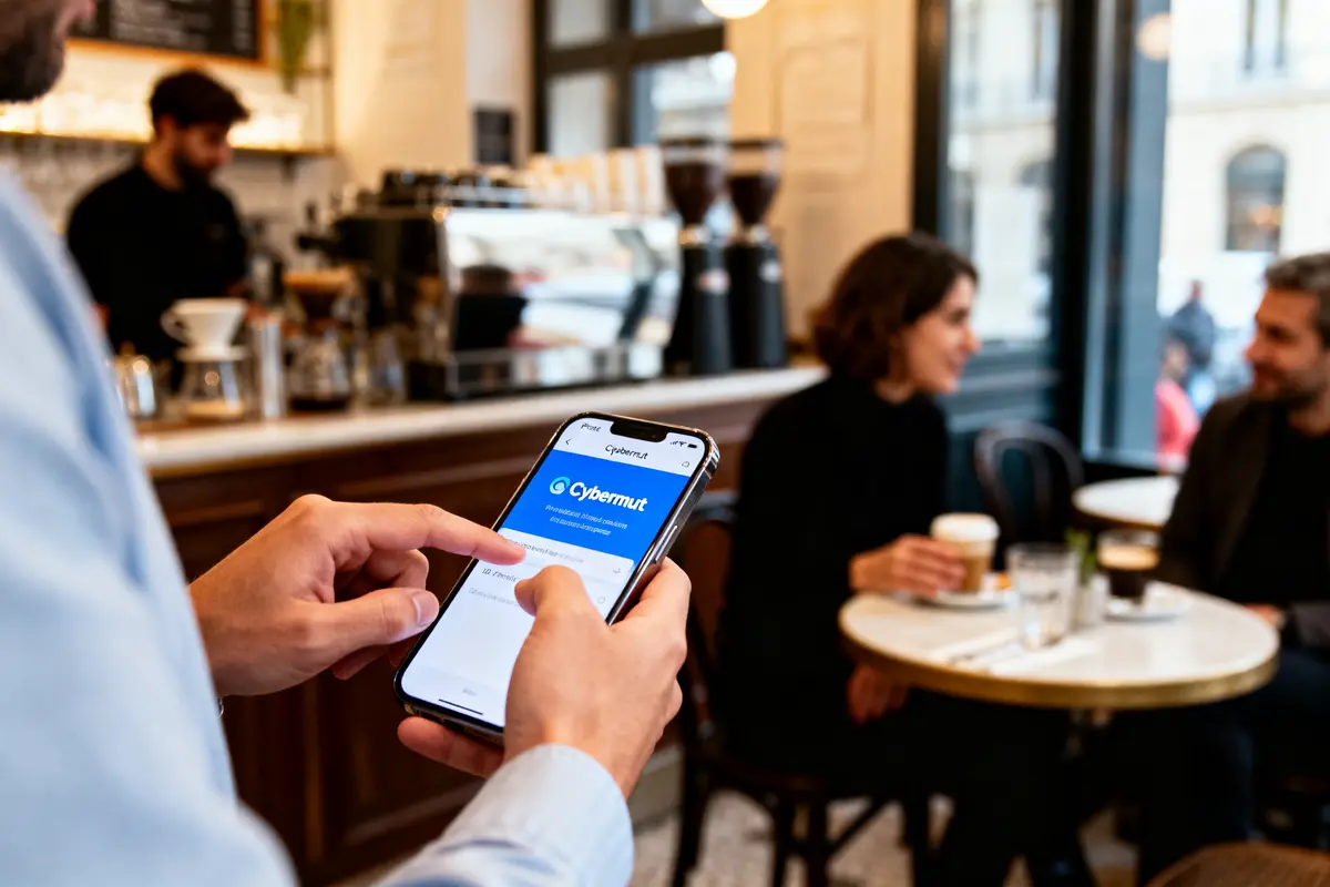 Personne utilisant un smartphone dans un café, couple discutant en arrière-plan, serveur au comptoir.