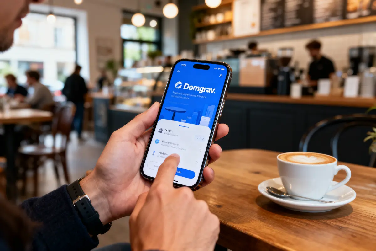 pexels-michal-pech-213601-757318 (1) Personne utilisant une application de gestion financière sur smartphone dans un café, avec cappuccino sur la table.