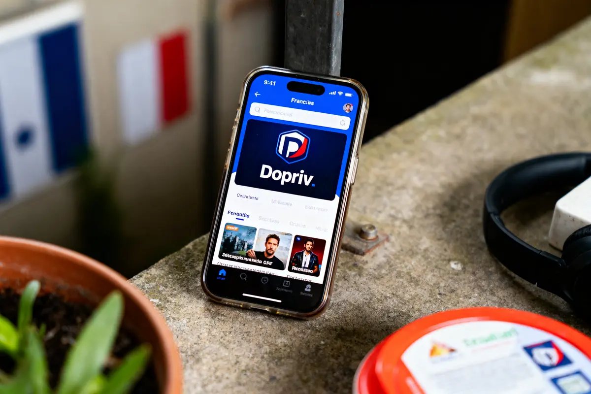 pexels-michal-pech-213601-757318 (1) Smartphone affichant l'application Dopriv devant drapeau français, pot de plantes, casque audio et boîte sur table.