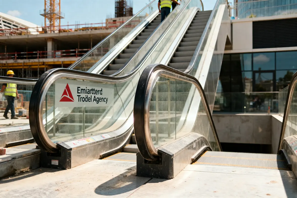 pexels-michal-pech-213601-757318 (1) Deux escalators extérieurs en construction, ouvriers en arrière-plan, avec enseigne "Emiartterd Trödel Agency".
