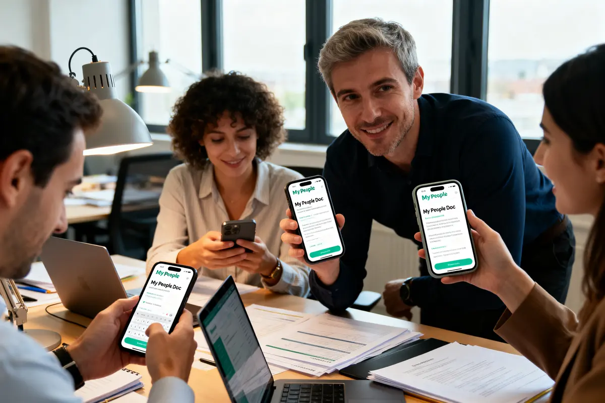 pexels-michal-pech-213601-757318 (1) Quatre personnes souriantes dans un bureau, tenant et utilisant des smartphones avec application "My People Doc".