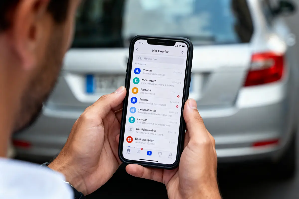 pexels-michal-pech-213601-757318 (1) Personne tenant un smartphone affichant une application de messagerie, devant une voiture grise.