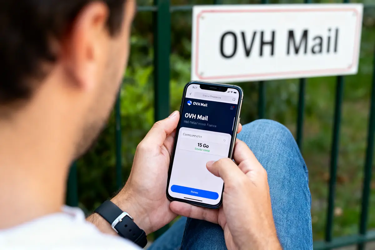 Personne utilisant OVH Mail sur smartphone, panneau "OVH Mail" en arrière-plan, écran affichant "15 Go".