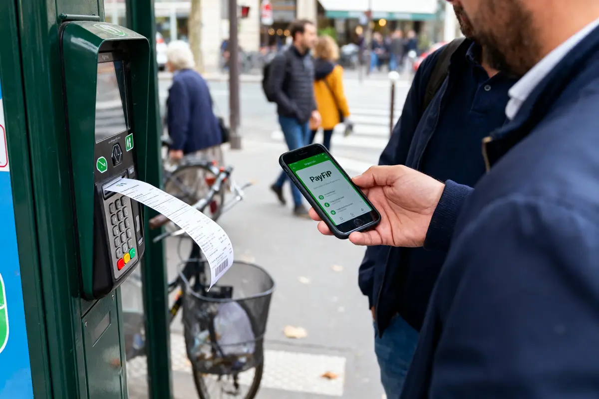 Personne utilisant son téléphone pour payer un ticket de parking sur une borne, avec une application PayFIP.