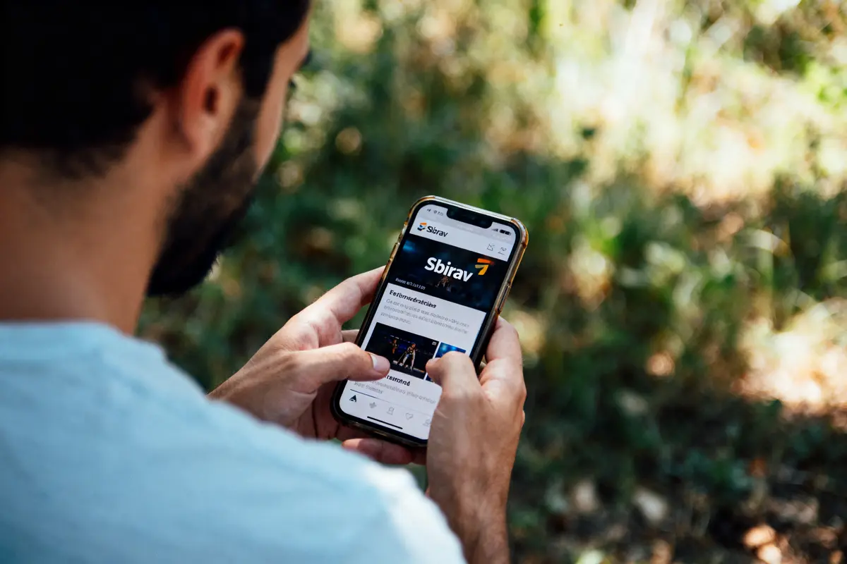 pexels-michal-pech-213601-757318 (1) Personne utilisant un smartphone pour naviguer sur un site web "Sbiráy" en extérieur, environnement naturel flou.