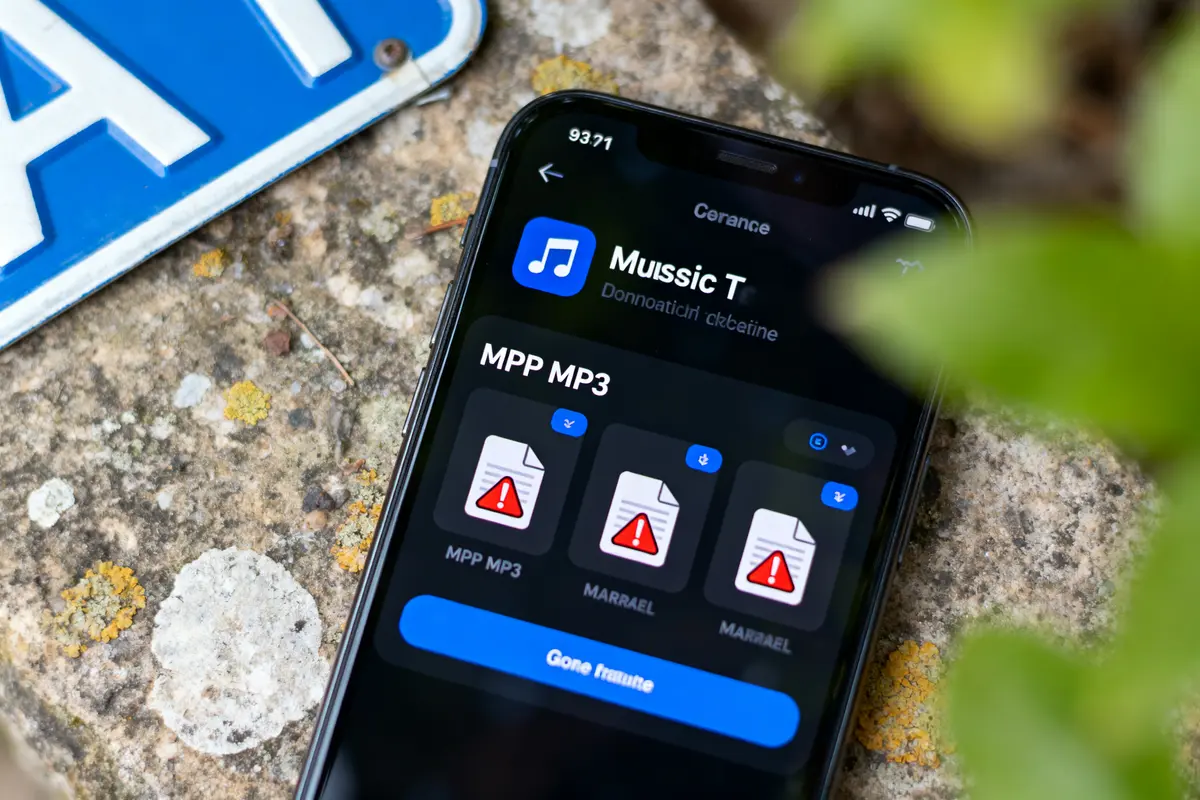 pexels-michal-pech-213601-757318 (1) Smartphone affichant une application musicale avec fichiers MP3 en erreur, posé sur surface avec plaque bleue partielle.